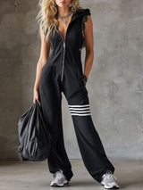 Retro-inspirierter schwarzer ärmelloser Kapuzen-Jumpsuit mit sportlichen Spitzenstreifen – Schwarz