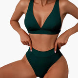 Geripptes Damen-Bikini-Set mit breiten Trägern für den Sommer – Dunkelgrün