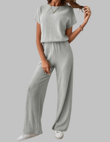 Paula | Damen Rippstrick-Set Kurzarm Top Weite Hose Casual – Grau