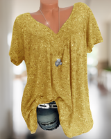 Winslet - V-Ausschnitt Lose Kurzarm Freizeit T-Shirt – Gelb