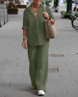 Beth - Bequemes Sommer Leinen-Set – Armee grün