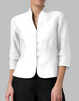 Madeline - Damen-Leinenbluse mit Stehkragen – Weiß
