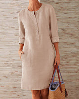 Merina - Elegante Knöpfe Schlichtes Kleid – Khaki