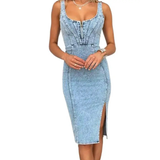 TATIANA™ – Elegantes Denim-Midi-Kleid mit Seitenschlitzen – Hellblau