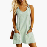 Gestreiftes Freizeitkleid für Damen - Ärmellos, Mini mit Taschen – Grün