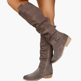 Kniehohe Stiefel - für Damen mit Blockabsatz und Reißverschluss – Grau