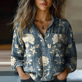 Fiona | Bedrucktes Vintage-Bluse 1+1 Gratis – Blau