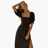 Schulterfreies Kleid für Frauen - Gesmoktes Mieder & Puffärmel – Schwarz