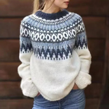 Norweger Grobstrickpullover Damen | Winterpullover Mit Rundhalsausschnitt – Weiß