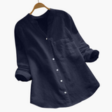 Lockere Hemdbluse für Damen - Langarm, Stehkragen & Casual – Dunkelblau