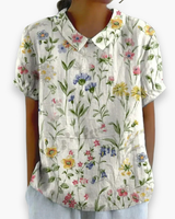 Damen Verspielt Blumendruck Hemdbluse | Locker – Weiß mit Blumen