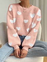 Herzgestrickter Pullover für Damen im lässigen Stil - Lumezia – Weiß Rosa