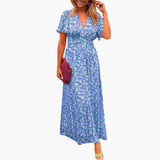 Florales Wickel-Maxikleid - für Damen mit V-Ausschnitt – Blau