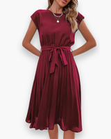 Damen Elegantes Plissee Kleid | Taille Schleife – Wein Rot