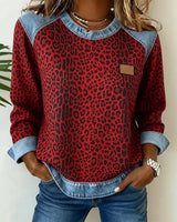 Selara - Weicher Leoparden-Patchwork-Pullover – Rot