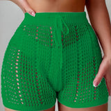 Ajour Kurze Hose mit hoher Taille für Damen, schicke und lässige Strandmode für Urlaub und Freizeit – Grün