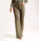 Damen-High-Waist-Jeans mit Schlag und Raw-Hem – Olivgrün