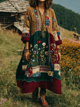 Eresha - Lässiges Langarm Kleid Mit Blumenmuster – Grün-Gelb