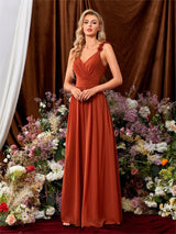 Priscila | Abendkleid mit V-Ausschnitt, Trägern, Spitze, Plissee und offenem Rücken – Orange