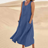 Altishia – Lässiges ärmelloses Leinenkleid mit Taschen – Blau