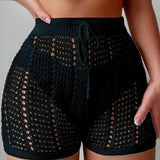 Ajour Kurze Hose mit hoher Taille für Damen, schicke und lässige Strandmode für Urlaub und Freizeit – Schwarz