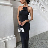 Valentina - Midikleid mit drapierter Blume und vielseitigem Styling – Schwarz