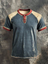 Herren T-Hemd Mit Henley Kragen Retro Farbblock Und Kurzen Ärmeln – Blau