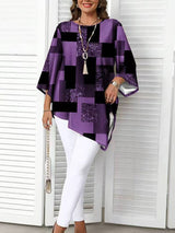 Nurit - Karierte Oversize Bluse Mit Kurzarm Und Drucken – Violett