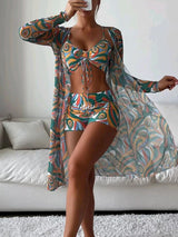 Catherine – 3-teiliges Bikini-Set mit Langarm-Cardigan für den Sommerstrand – Dunkelgrün