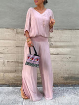 Saila | Damen Maxikleid V-Ausschnitt Fledermausärmel Unifarbe – Rosa