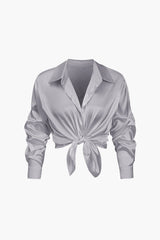 Damen Geknöpft Lang Bluse – Grau