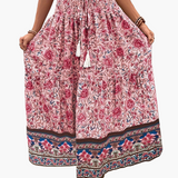Damen Boho Lange Blumige Elegante Sommermode Rock mit Taschen – Rot