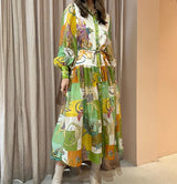 Astrid - Maxikleid mit Boho-Print und Gürtel – Grün