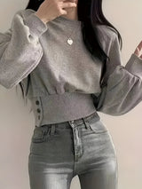 Gudrun | Lässiger Luxus: Elegantes T-Shirt in Uni-Farbe mit Knopfdetail – Dunkelgrau