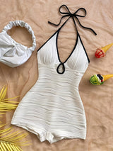 Damen Badeanzug mit Halterneck und Wellenmuster – Eleganter Vintage-Stil für Strand und Pool – Weiß