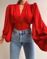 Nova - Geometrische Bluse mit Puffärmeln – Rot