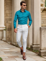 Finn | SlimFit-Stretchhemd in Uni-Farbe – Pfauenblau