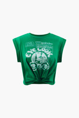 Gracelyn | Hochgekrempelte Ärmel EYE LOOK Grafikdruck Crop-T-Shirt mit Knotendetail – Grün