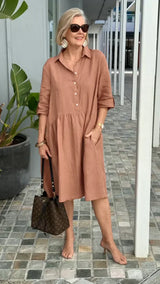 Amelia - Baumwoll-Leinen Freizeitkleid – Khaki