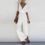 Bianca - Weißer Jumpsuit mit überkreuztem Ausschnitt und weitem Bein – Weiß
