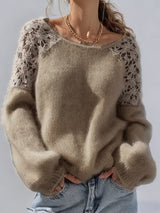 Dobrina – Ausgehöhlter Spitzen Pullover Mit Schulterfreiem Ausschnitt – Braun