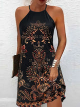 Morticia – Boho-Print-Kleid mit Neckholder – Schwarz