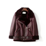 Alva - Stilvolle Leder-Bikerjacke mit Polokragen und Gürtel – Weinrot