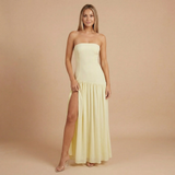 Sharon - Trägerloses Maxikleid mit Fall Taille und Raffung – Gelb