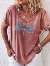 Eleanor | Libellenmuster V-Ausschnitt T-Shirt – Rot