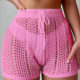 Ajour Kurze Hose mit hoher Taille für Damen, schicke und lässige Strandmode für Urlaub und Freizeit – Rosa