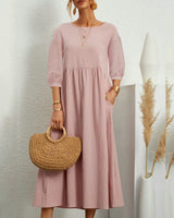 Midikleid mit Rundhalsausschnitt & Laternenärmeln – Selina – Rosa