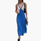Leichtes V-Ausschnitt Maxi-Kleid für Frauen - Farbblock Design – Blau