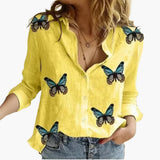 Langarm Damen-Bluse - Vintage Stil mit großen Punkten – Gelb mit schwarzen Punkten und Schmetterlingen