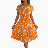 Sommerkleid Damen - Blumenkleid mit Gürtel und Kurzarm – Orange
